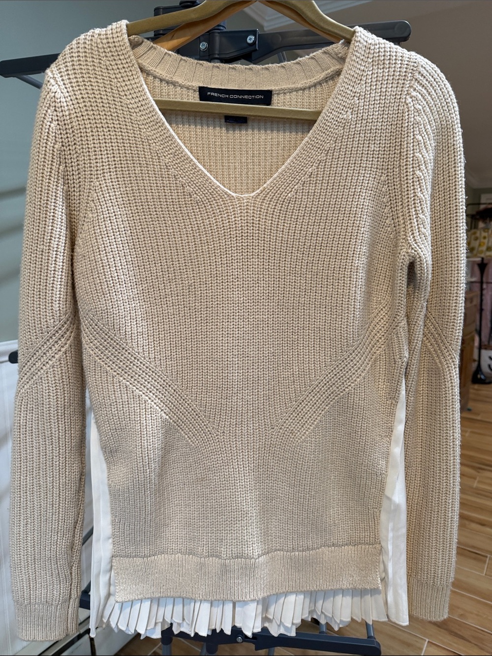 French Connection Cream V-Neck Pleated-Hem Layered Sweater